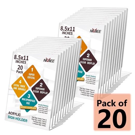 NIUBEE 20Pack 8.5*11 Acrylic Sign Holder with Vertical Slanted Back, Clear Plastic Sign Holder Picture Photo Frames, Flyer Document Paper Display Stand for Office Desktop