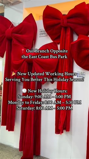 99 reactions |  Our Branch Opposite the East Coast Bus Park  New Updated Working Hours — Serving You Better This Holiday Season!  New Holiday Hours: Sunday: 9:00 AM – 3:00 PM Monday to Friday: 8:00 AM – 5:30 PM Saturday: 8:00 AM – 5:00 PM ✨ Your convenience is our priority — visit us this holiday season! | MuneshwersLtd-Guyana's #1 Events Store | Facebook