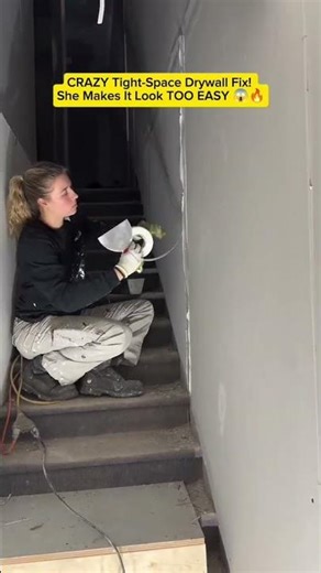 CRAZY Tight-Space Drywall Fix! She Makes It Look TOO EASY 😱🔥 #DrywallRepair #DIY #USA