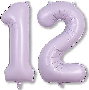 Pastel Purple Birthday Balloon Numbers 12, 40 Inch Giant Light Purple Foil Mylar Number 1 and 2 Helium Balloons for Girls 12th Birthday, Lilac 12 Balloons for Women 21st Anniversary Party Decorations
