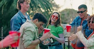 Group, friends and party with celebration, beer and event with concert, dancing and excited. Outdoor, social gathering and people with music, alcohol and cheerful with joy, bonding together and break