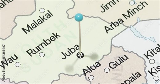 A zoom out of a light blue pin into juba city of south sudan political map
