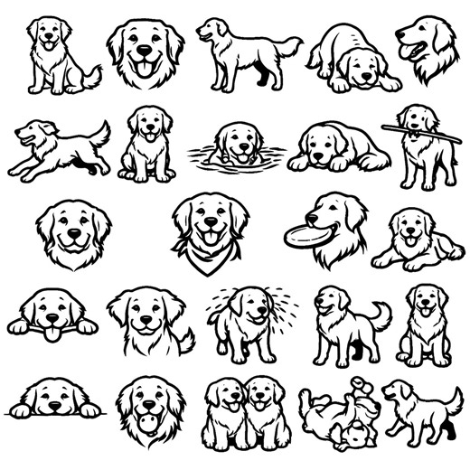 Golden Retriever SVG Icons Bundle – 24 Unique Black Outline Dog Icons, Bold Line Art, White Background, Cricut & Silhouette Cut Files - Etsy
