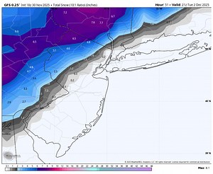 0z GFS MODEL NOW CLOSEST TO MY FORECAST… Quick 11pm update — and I can’t believe I’m actually saying this — but the new 0z GFS run is the closest it has come to my going forecast. The model has corrected south and east a tad with the accumulating snow zone, backing off its previously over-amplified look. It has also toned down those unrealistic double-digit totals. My thinking remains the same: a general 3–6" for areas north and west of I-287, with an enhanced 6" zone likely over western Orange 