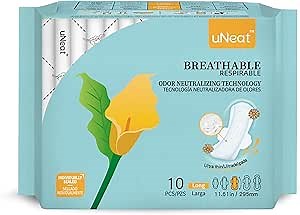 uNeat Ultra Thin Breathable Feminine Pads with Wings for Women, Odor-Neutralizing Tech, Unscented, Heavy Absorbency, Day/Night Pads (Long, 10 Count)
