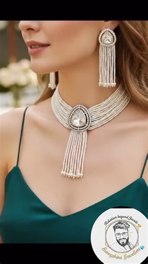 Kundan & Fashion Jewellery | Worldwide on Instagram: "✨ Premium Pearl Polki Style Choker Necklace Set ✨ Presenting a timeless Premium Pearl Choker Necklace Set, designed for elegant and royal styling. This beautiful piece features multiple layers of fine pearl strings, highlighted with a statement pear-cut polki style centerpiece, finished with graceful pearl tassel drops. The matching long pearl tassel earrings perfectly complement the choker, giving a classy and sophisticated luxury look. Perf