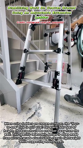 Stabilizing Work On Uneven Ground Using An Adjustable Extension Ladder