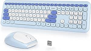 Typewriter Wireless Keyboard and Mouse Combo,2.4G Office 104 Keys Full-Sized Retro Punk Keyboard,Cute Blue with Round Keycaps for Laptop PC Desktops (Blue White)