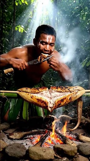 Giant Jungle Python Roasted on Bamboo – Primitive Tribal Cooking
