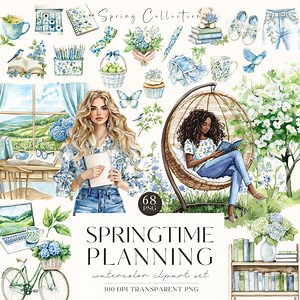 Springtime Clipart, Reading Clipart, Watercolor Spring Stickers, Spring Planner Girl, Digital Planner, Book Lover, Scrabook, Commercial Use - Etsy
