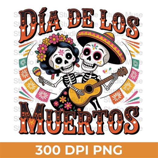 Día De Los Muertos PNG, Mexican Sugar Skull Couple Clipart, Day of the Dead Skeleton Guitar Art for Fiesta Shirts, Party Decorations - Etsy
