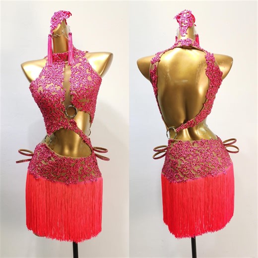 Pink Latin and Rhythm Dance Dress With Lace Pattern, Cut-outs and Fringe L0199 - Etsy