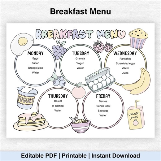 Kids Breakfast Planner, Weekly Meal Planner, Breakfast Menu for Children, Daycare, School Breakfast, Menu Planner, Instant Download, PDF - Etsy