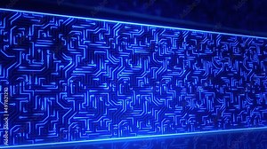 Advanced Circuit Board Technology Digital Lines Move Data Visualization Loop Animation. CPU Processor Microchip Starting Artificial Intelligence Digitalization. Networking, Cloud Computing Data.