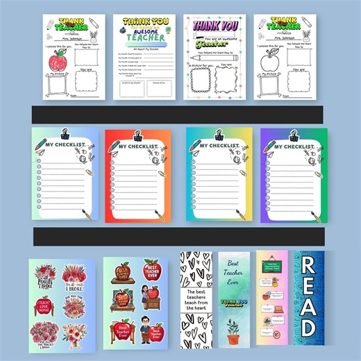 Teacher Appreciation Printable Bundle Stickers & Bookmarkers Checkoff lists Thank you designs from students.