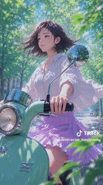 Director’s Note : 6-Keyframe Subject-Tracking Cinematic Direction Test 이번 작업은 혜지의 전동 스쿠터 주행 장면을 기반으로 한 6키프레임 카메라 연출 실습이다. 목표는 단순히 예쁜 정지 이미지를 만드는 것이 아니라, 정지된 원화 사이에 보이지 않는 카메라 이동과 공간 흐름을 심는 것이었다. 핵심은 “주인공을 따라붙는 카메라”였다. 카메라는 혜지를 고정된 피사체로 바라보는 것이 아니라, 혜지가 주행하는 속도와 방향에 맞춰 함께 움직인다. 먼저 줌아웃으로 가로수길의 공간과 공기를 보여주고, 다시 줌인으로 혜지의 얼굴, 시선, 백미러, 핸들, 바람에 흔들리는 머리카락 같은 디테일에 포커스를 건다. 이 과정에서 백미러와 핸들, 전경의 나뭇잎은 단순한 장식이 아니라 관객의 시선을 이동시키는 카메라 훅으로 사용되었다. 관객의 눈은 공간에서 인물로, 인물에서 오브젝트로, 다시 얼굴과 하늘로 이동한다. 이 시선의 이동이 정지된 6장의 이미지