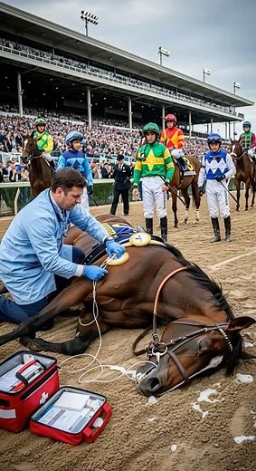 🐎 Code Blue: Veterinarian Attempts CPR on Fallen Racehorse #RacehorseRescue #VetEmergency