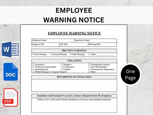 Employee Warning Notice Template | HR Write up & Discipline Form | Editable PDF, Word, Google Docs - Etsy