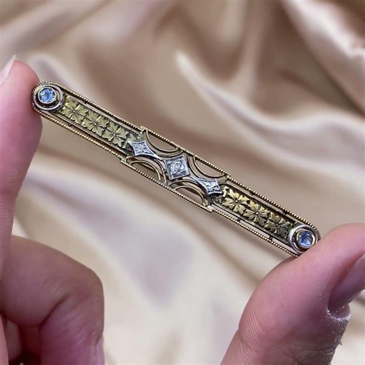14K Vintage Engraved Diamond & Sapphire Brooch