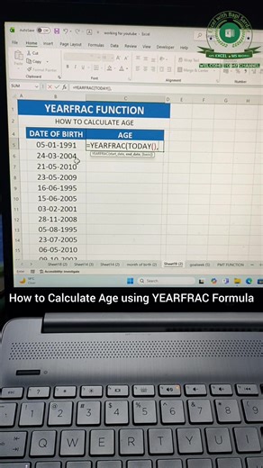 📅 Calculate Age Easily in Excel using YEARFRAC Formula! Description: Want to calculate age accurately in Microsoft Excel? Use the YEARFRAC function to find the exact age (including decimals) between Date of Birth and Today. This formula is perfect for HR records, student data, and reports where precision matters. Formula: =YEARFRAC(A1, TODAY()) 👉 A1 = Date of Birth You can also round it: =INT(YEARFRAC(A1, TODAY())) 📊 Simple, accurate, and time-saving Excel trick! Hashtags: #ExcelTips #ExcelFo