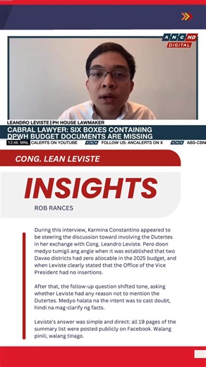 During this interview, Karmina Constantino appeared to be steering the discussion toward involving the Dutertes in her exchange with Cong. Leandro Leviste. Pero doon medyo tumigil ang angle when it was established that two Davao districts had zero allocable in the 2025 budget, and when Leviste clearly stated that the Office of the Vice President had no insertions. After that, the follow-up question shifted tone, asking whether Leviste had any reason not to mention the Dutertes. Medyo halata na t