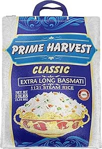 Prime Harvest Basmati Rice 10lbs Premium Classic - Extra Long Grain, 10-Pound rice bag, 1121 Steam Rice | Aged and Authentic | White
