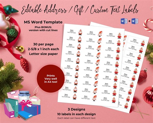 Printable Christmas Address & Gift Labels – 2 Editable Word Templates | Digital Download | 3 Designs | 30 per Page | Festive Stickers - Etsy