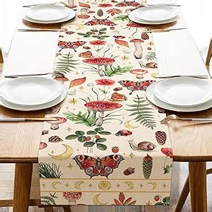 Mushroom Butterfly Dining Table Runner, Gothic Botanical Plant Leaves Poppy Flower Strawberry Burlap Kitchen Decoration, Seasonal Moon Indoor Outdoor Home Decor Party Supply 13 x 72 Inches