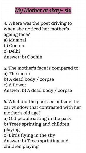 Class 12 English poem 1 “My Mother at sixty-six” important questions and answers (ASSEB BOARD)