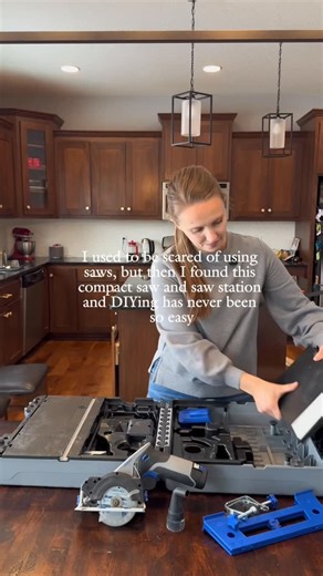 Kaitlyn Larson • DIY Home on Instagram: "Comment “SAW” and I’ll send you the link to this saw set up! When I saw this saw come out last year, I was so excited because I thought back to my beginner DIY days and how some of you might be feeling about saws as women who want to DIY, and the first thing that stood out to me was the saw station. I LOVE that this saw station has guide rails on it for the saw and even has space to clamp the material. This makes using a saw about as safe as it can possib