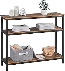 Yaheetech Industrial Console Table, 3 Tier Entryway Table with Storage Shelves, Narrow Sofa Tables for Living Room, Foyer, Hallway, Entrance, Metal Frame, Rustic Brown
