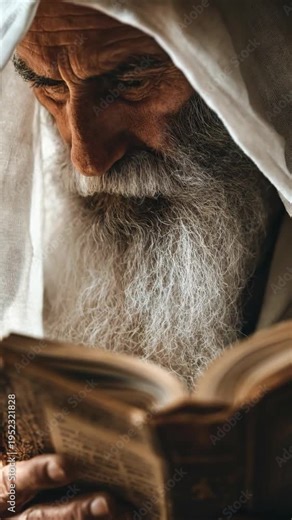 Elderly man, long white beard, deeply focused on reading an ancient sacred scripture, contemplating spiritual wisdom, devotion, religious tradition, profound knowledge, historical teachings