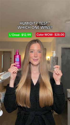 As promised… the humidity test between L’Oreal Iron Sleek Coat vs Color WOW! My hair blow dries naturally straight but it can absolutely gets poofy & frizzy in humid weather without humidity protection- so this was so cool to see how well these work in real time! I applied steam for several minutes each on both sides. Can you tell a difference? #loreal #colorwow #humidity #hairhacks
