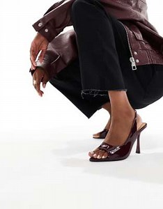 SEQWL Wide Fit Mokka slingback peep toe high heels in dark red | ASOS