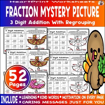 2 digit addition with regrouping : Fraction Mystery Picture Fun Activities Set
