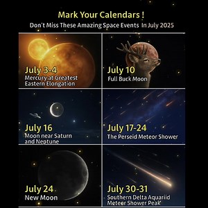 July 2025 Space Events You Can’t Miss! Get ready for a celestial show in July 2025! From Mercury’s greatest elongation to two amazing meteor showers, this month is packed with astronomical wonders. Don’t miss these key events: 🔭 July 3–4: Mercury at Greatest Eastern Elongation 🌕 July 10: Full Buck Moon 🪐 July 16: Moon near Saturn & Neptune ☄️ July 17–24: Perseid Meteor Shower 🌑 July 24: New Moon 🌠 July 30–31: Southern Delta Aquariid Meteor Shower Peak Perfect for stargazing and astrophotogr