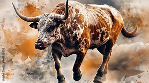 Texas Longhorn Bull in Artistic Storm: A powerful Texas Longhorn bull, with its distinctive long horns and spotted coat, stands majestically against a backdrop of swirling clouds and abstract shapes,