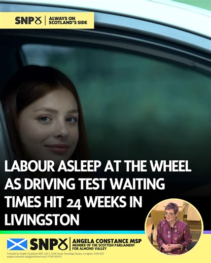 Learner drivers in Livingston are waiting up to 24 weeks for a driving test 🚗⏳ Labour’s failure to act is holding young people back from jobs and opportunities in Almond Valley. Promises were made. Learners are still waiting. Read more: https://www.scotsman.com/news/transport/driving-test-backlog-in-scotland-wont-be-cleared-until-2027-5446426 https://www.bbc.co.uk/news/articles/cqlkg11d5gxo https://www.autoexpress.co.uk/news/366624/government-pledges-cut-practical-driving-test-delays #Livingsto