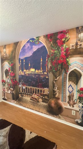 ✨ An oriental fairytale at home 🕌🌺 Imagine stepping onto a balcony overlooking a glowing evening city ✨🌙 Elegant arches, intricate patterns, blooming flowers, and warm lighting create a feeling of comfort, luxury, and travel 🌿🕯️ This mural visually expands the space and adds depth and character 🏡💫 It’s not just a wall — it’s emotion and style every single day ❤️ Custom printed to your exact wall size 📏 Professionally installed 🛠️ Flawless results guaranteed ✅ 3D DESIGN — where interiors