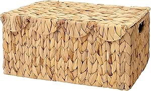 StorageWorks Wicker Basket with Scalloped Edge Lid, Water Hyacinth Basket with Built-in Handles, Handwoven Wicker Box for Living Room, 15" L x 11 ¼" W x 7" H