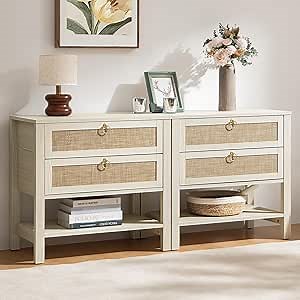 SICOTAS Boho Rattan Nightstand Set of 2, 26.7" Extra Wide Bedside Table with 2 Drawers & Open Shelf, White Oak Large Side Table for King Size Bed, Modern Coastal End Table for Master Bedroom