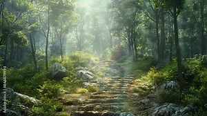 Beautiful green forest with tall trees. Mysterious path full of roots in the middle of wooden coniferous forest. Vibrant nature background. 4K Videos