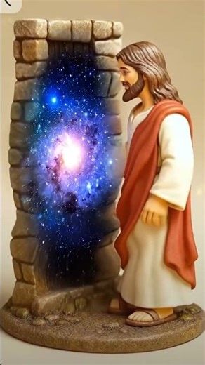#jesus #bible knocks, door ripples like water, revealing a starry galaxy.