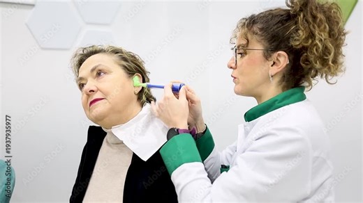 Video of a woman between 50 and 60 years old receiving custom-made earplugs at a specialized otolaryngology clinic. Concept of earplug manufacturing for noise, sleep, or water protection.