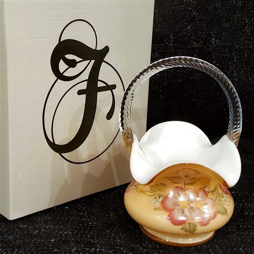 Fenton Art Glass Basket, NEW IN BOX With Tag Sunset Peach Overlay Designer Showcase Series Hand Painted Signed Floral Vintage 8" - Etsy