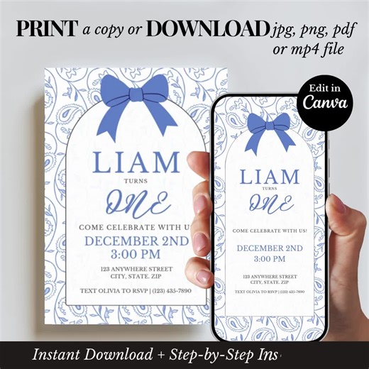 1st Birthday Boy Invite Template | Canva Video & Animated Invitation | Printable Download - Etsy