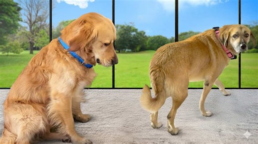 Golden retriever meets rescue dog completely frozen in fear