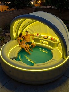 Glow Night Pool Lounge – Inflatable Pool with LED Lights & Canopy Turn your backyard into a private resort. The Glow Cabana inflatable pool features built-in LED strip lighting, a dome canopy for privacy, and a built-in bar shelf — perfect for couples' nights under the stars. #GlowPoolVibes #BackyardLounge #InflatablePool #NightPoolParty #CoolPool