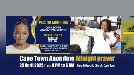 Cape Town Anointing Crusade Highlights Join us tonight at Unity Cape Town, Philippi for the Anointing Service Night Prayer. The Lord shall do great things for you and your family. Be sure to invite all your friends and neighbours. Bring those who are sick and tormented by evil spirits. They will receive their freedom! #RestoreReviveRefresh #AnointingFallOnMe | Pastor Mukhuba