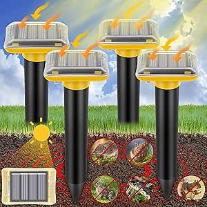 Ultrasonic Mole Repellent Outdoor, Solar-Powered Gopher Mole Repellent for Lawn, Waterproof Mole Killer Traps for Yard, Effectively Repels Gophers Snake Chipmunks Voles Groundhogs, Yellow-4PC